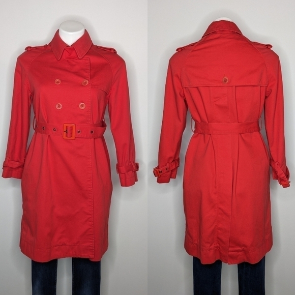See By Chloe red belted collared cotton button closure trench coat jacket 6 - Picture 1 of 14